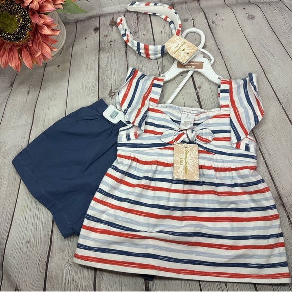 NWT tommy bahama Striped top and Navy Shorts Set with Headband sz 5 girls - Picture 1 of 12
